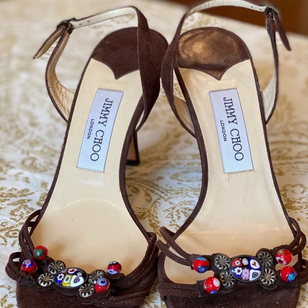 Jimmy Choo brown suede beaded sandals.